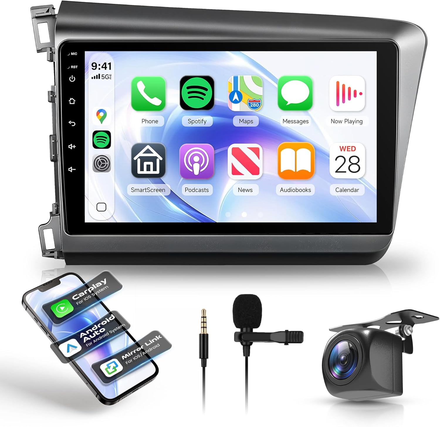 8 Core 6G+128G Android Car Stereo for Honda Civic 2012-2015 with Wireless CarPlay Android Auto, 9” Touchscreen Car Radio Mirror Link GPS WiFi Bluetooth FM RDS DSP EQ SWC Backup Camera