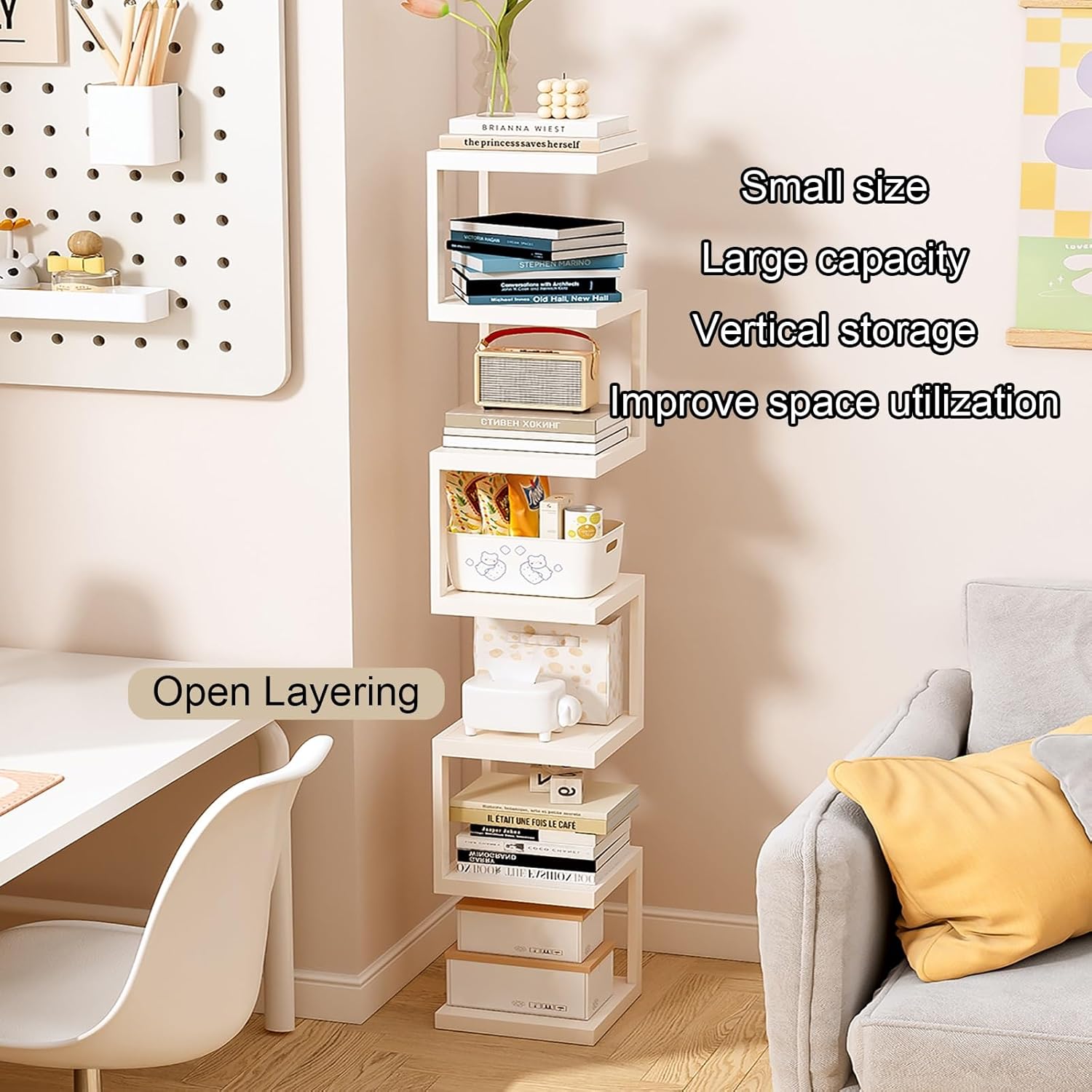 Metal Spine Bookshelf Tower, Modern Open Vertical Bookcase, Corner Storage Rack, Floor Standing Organizer, Sturdy Display Shelf for Small Space(White,96cm/37.8in)