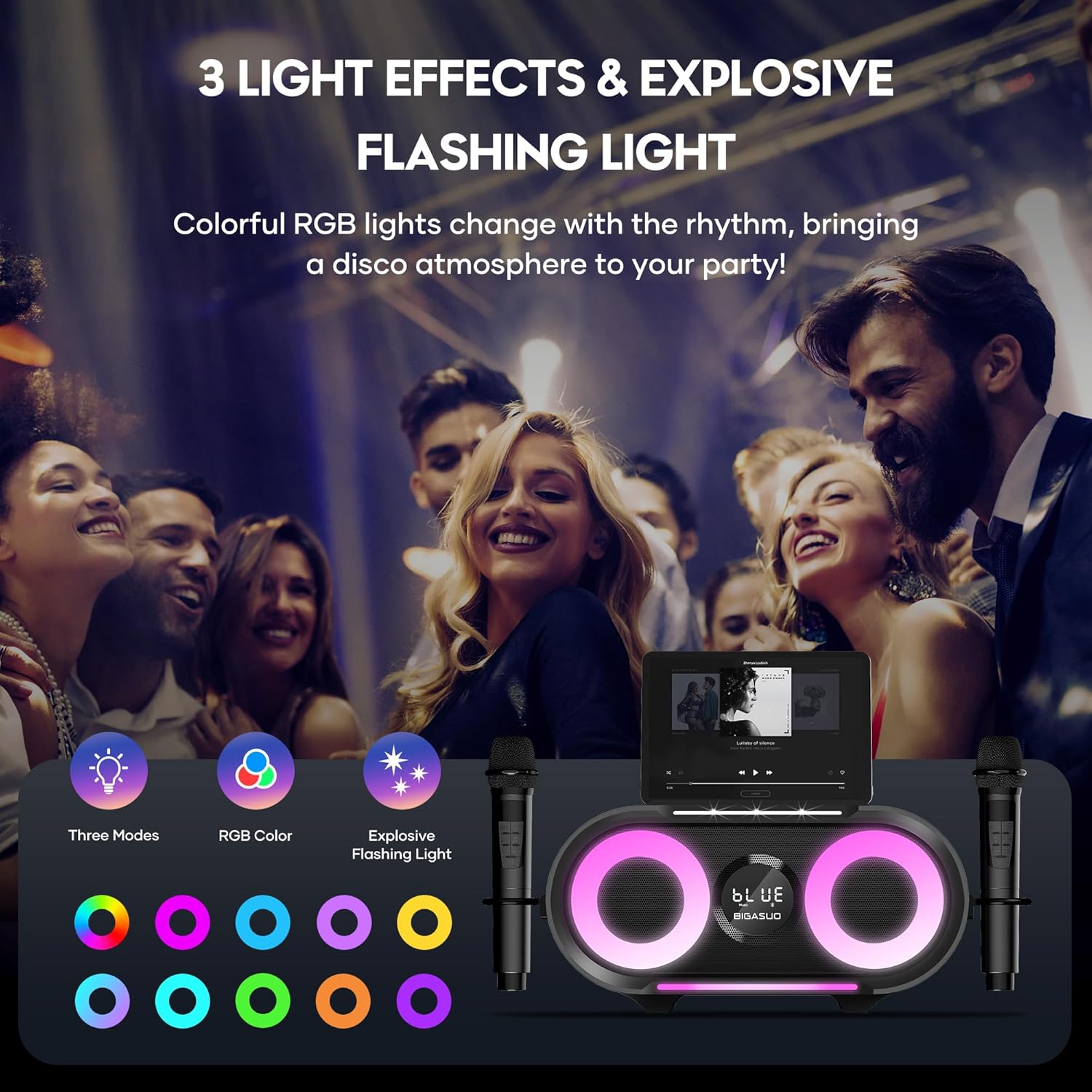 BIGASUO Karaoke Machine with Rich Deep Bass Explosive Flashing Lights for Adults Portable Bluetooth Singing PA Speaker System with 2 UHF Wireless Microphones for Home Party Wedding Outdoor