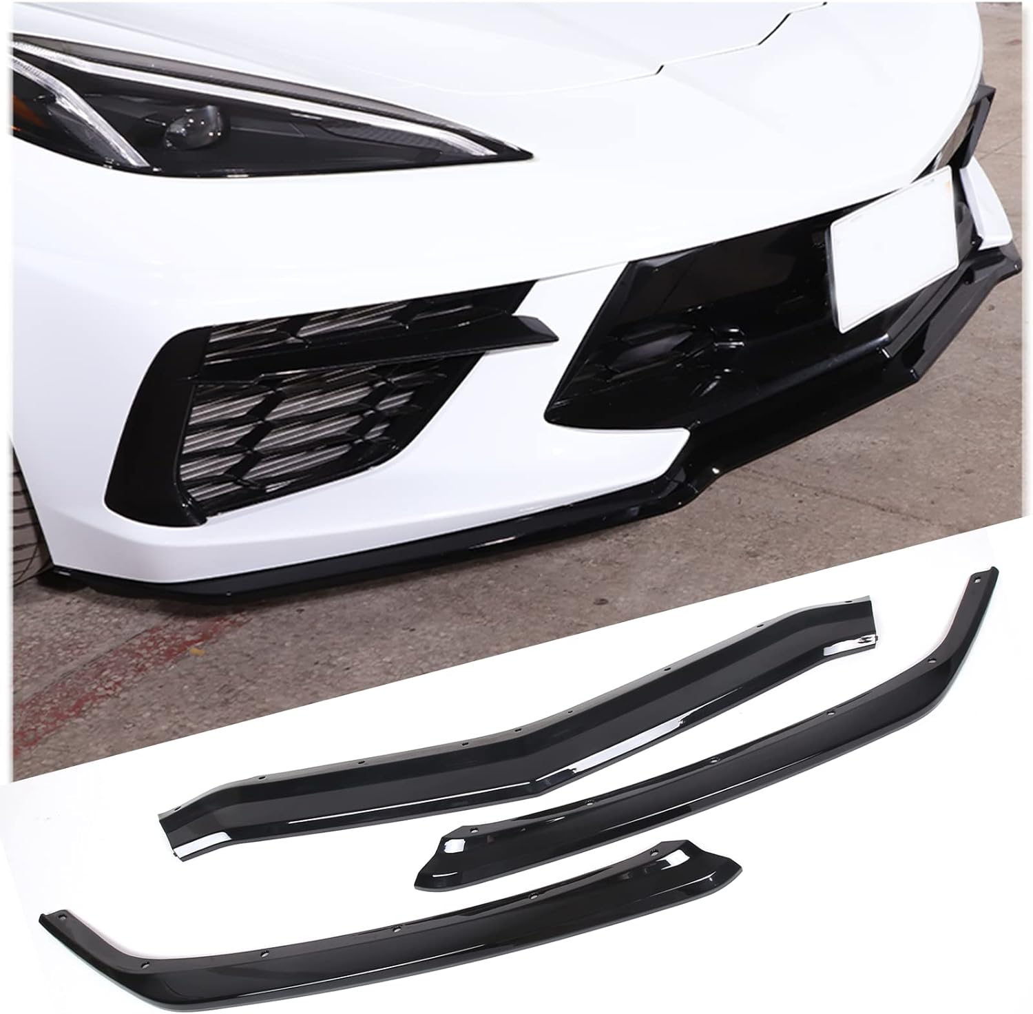 Front Bumper Lip Spoiler Splitter Trim Compatible with Corvette C8 2020-2024,Front Splitter Lower Guard Protector Chin Lip Spoiler Splitter Replacement,Not Applicable for Z06 (Piano Black)