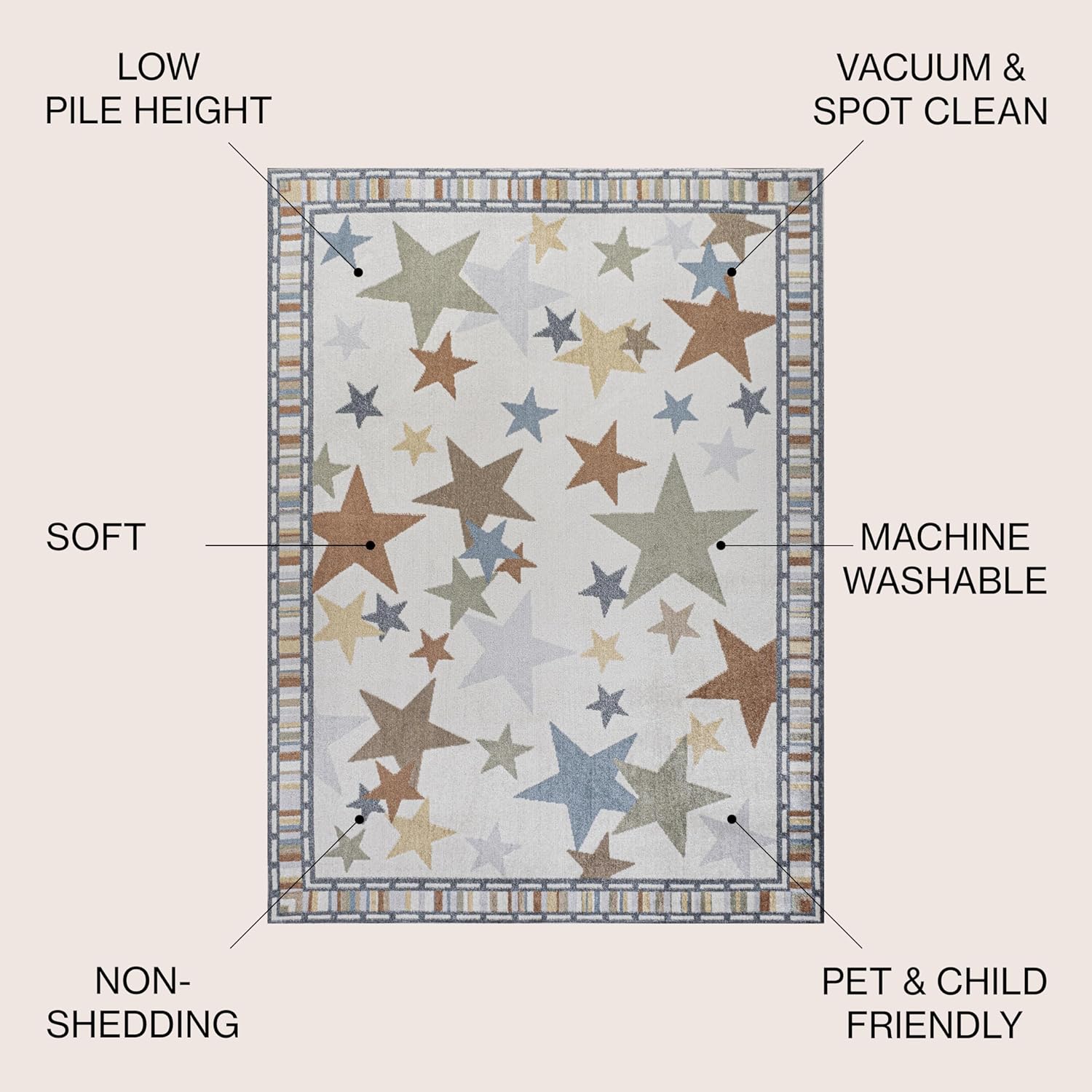 JONATHAN Y Machine-Washable Ivory/Blue/Orange Indoor Area Rug, 4x6, Star Gazer Geometric, Border, Kids & Novelty, Classic, Bedroom, Kitchen, Living Room, Easy-Cleaning, Non-Shedding (KDW100A-4)