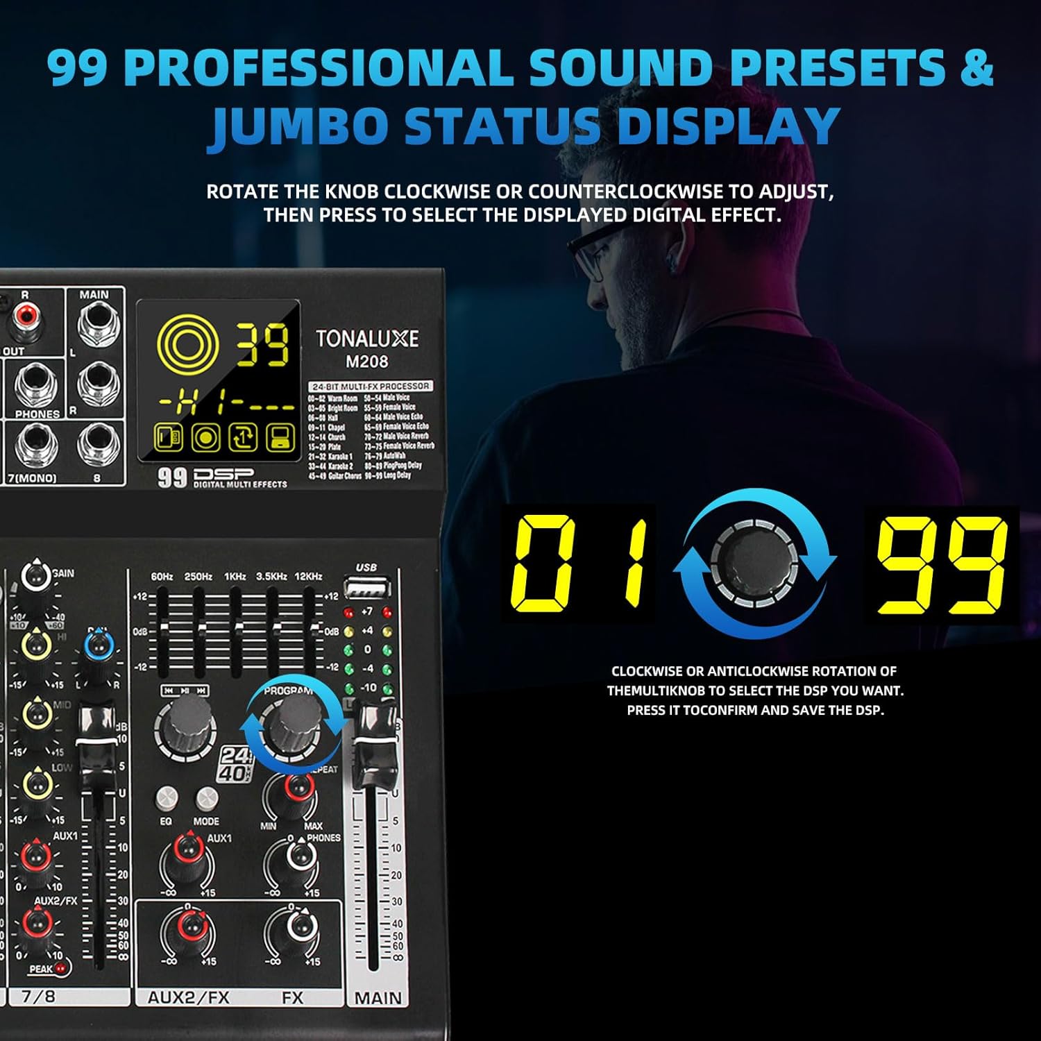 8 Channel Mixer Audio, Professional Music Sound PA Mixer DJ Mixing Board Console with 99 DSP Effects, 5-band EQ, Bluetooth, USB Interface, 48V Phantom Power for Recording Stage Karaoke