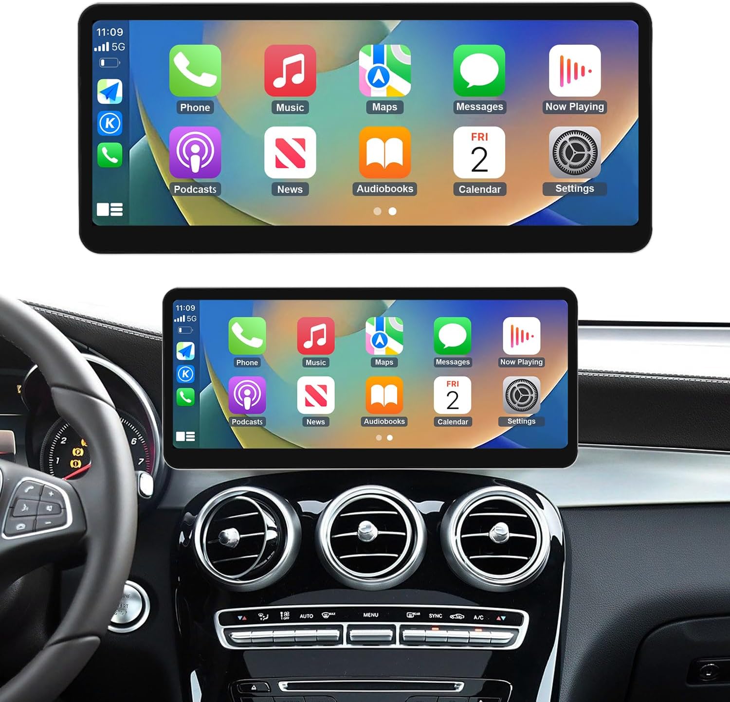 Road Top CarPlay Screen, 12.3 inch Ultra-Narrow Car Radio Touchscreen for Mercedes Benz C GLC V Class W205 2015-2018 Year with NTG5.0, Car Stereo Radio Receiver for Wireless CarPlay Android Auto