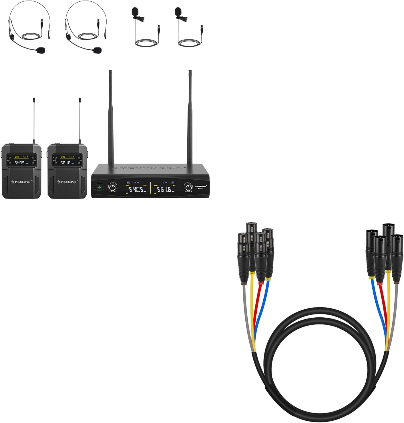 Phenyx Pro UHF Wireless Microphone System PTU-52-2B Bundle with 4 Channel XLR Cable PCBL-4IN1-6