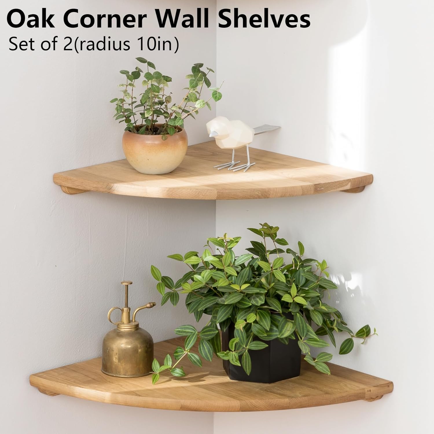 4pcs Oak Corner Shelves Wall Mount Set Round End Floating Speaker Shelf Display Shelf for Small Plant Photo Frame (9in+10in+12in)