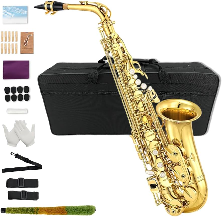 Yinfente Eb Alto Saxophone For Beginners Adult,Saxophone Student,E Flat Alto Sax Full Kit With Reeds,Pads Cushions,Hard Carrying Case,Cleaning Cloth & Rod,Mouthpiece,Gloves,Neck Strap Gold