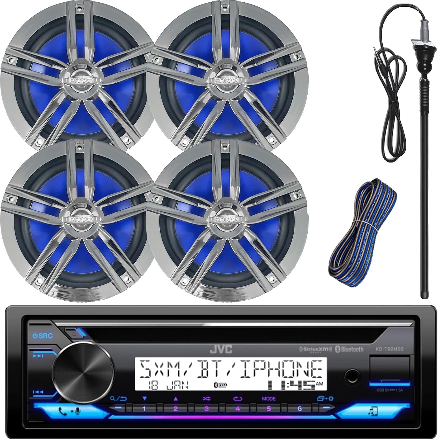 Single DIN Marine Audio Bluetooth USB AUX CD Playe Receiver Bundle Combo with 2 Pairs of Enrock Chrome 6.5