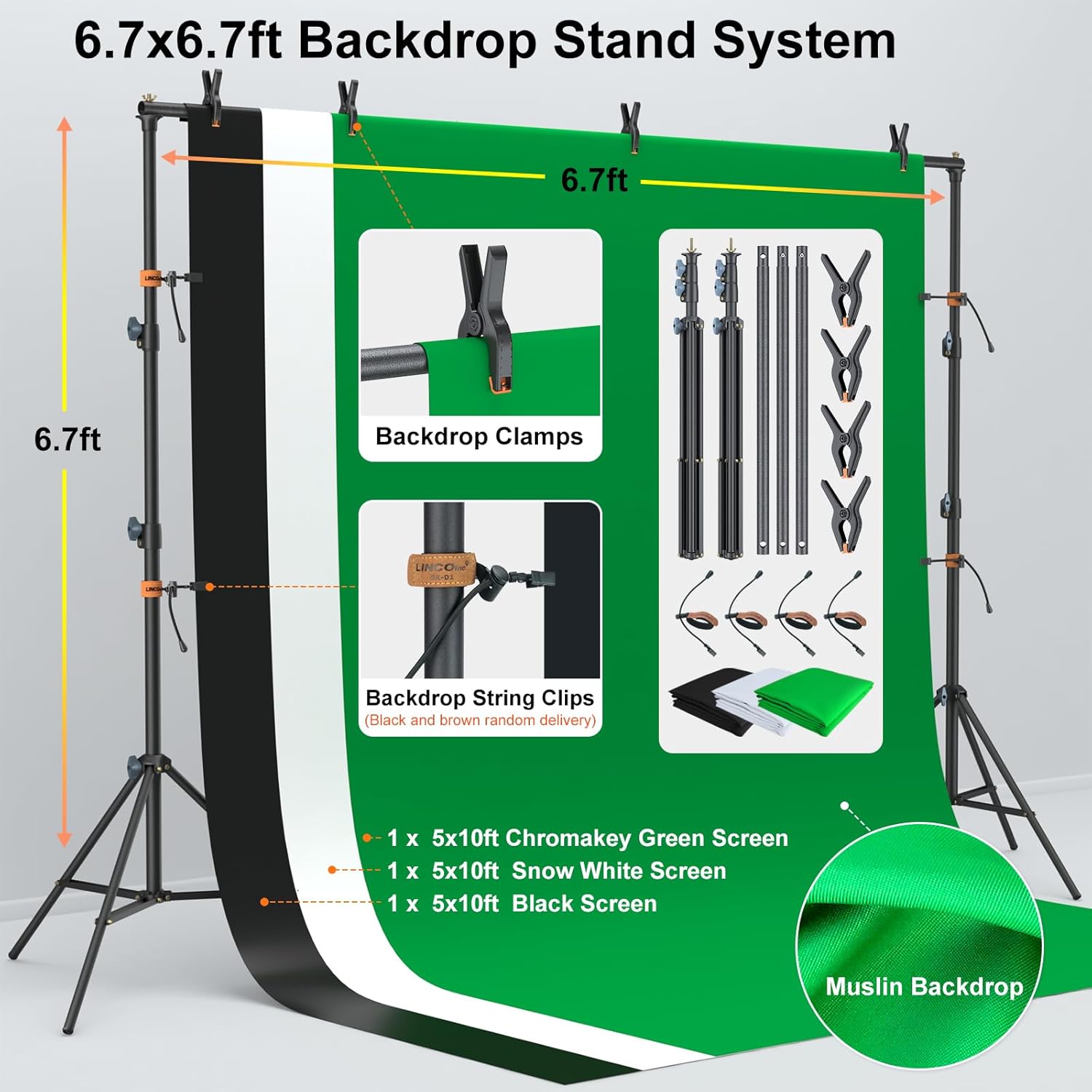 LINCO Lincostore Photo Video Studio Light Kit AM169 - Including 3 Color Backdrops (Black/White/Green) Background Screen