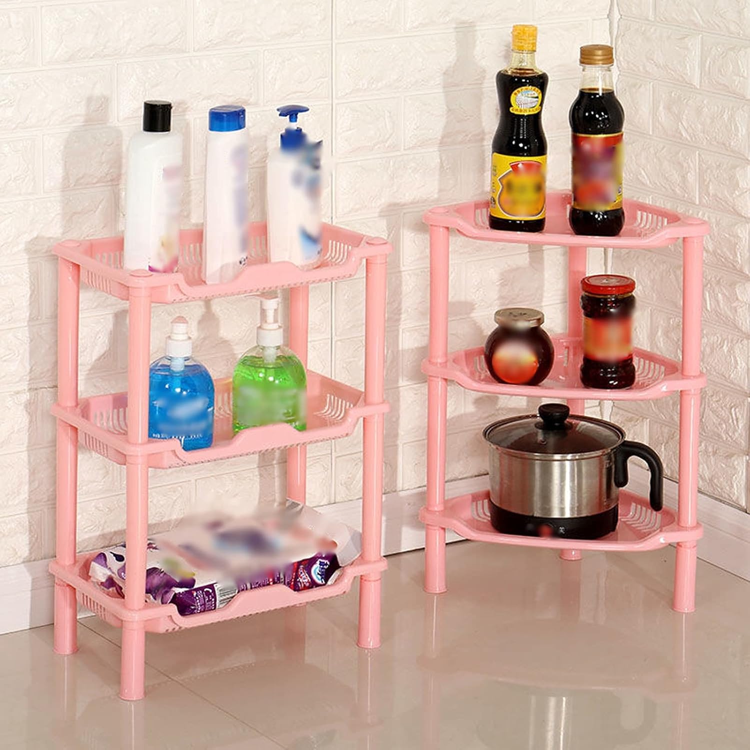 3 Tier Corner Storage Shelf Unit Organizer for Bathroom and Kitchen - Pink/White Shower Storage Rack with Out Tower for Plastic Bathroom Storage Shelves (A)