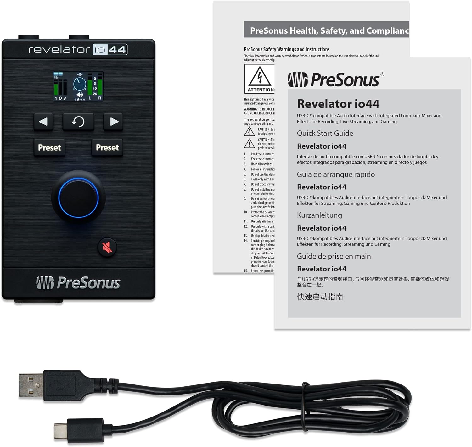 PreSonus Revelator io44 USB-C Audio Interface for music production and streaming with built-in mixer and easy-to-use effects presets plus Studio One DAW Recording Software