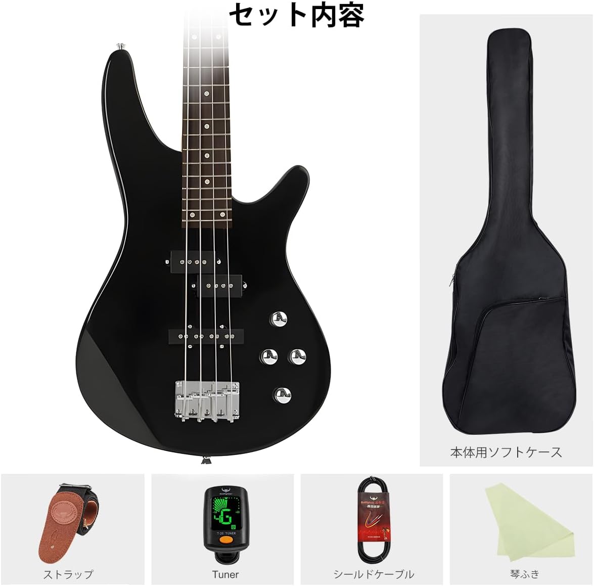 Electric Bass Guitar 4 Strings Full-Size Standard Bass PB-Style Beginner Kit Black for Starter with Gig Bag Guitar Strap and Guitar Cable (IB-black)