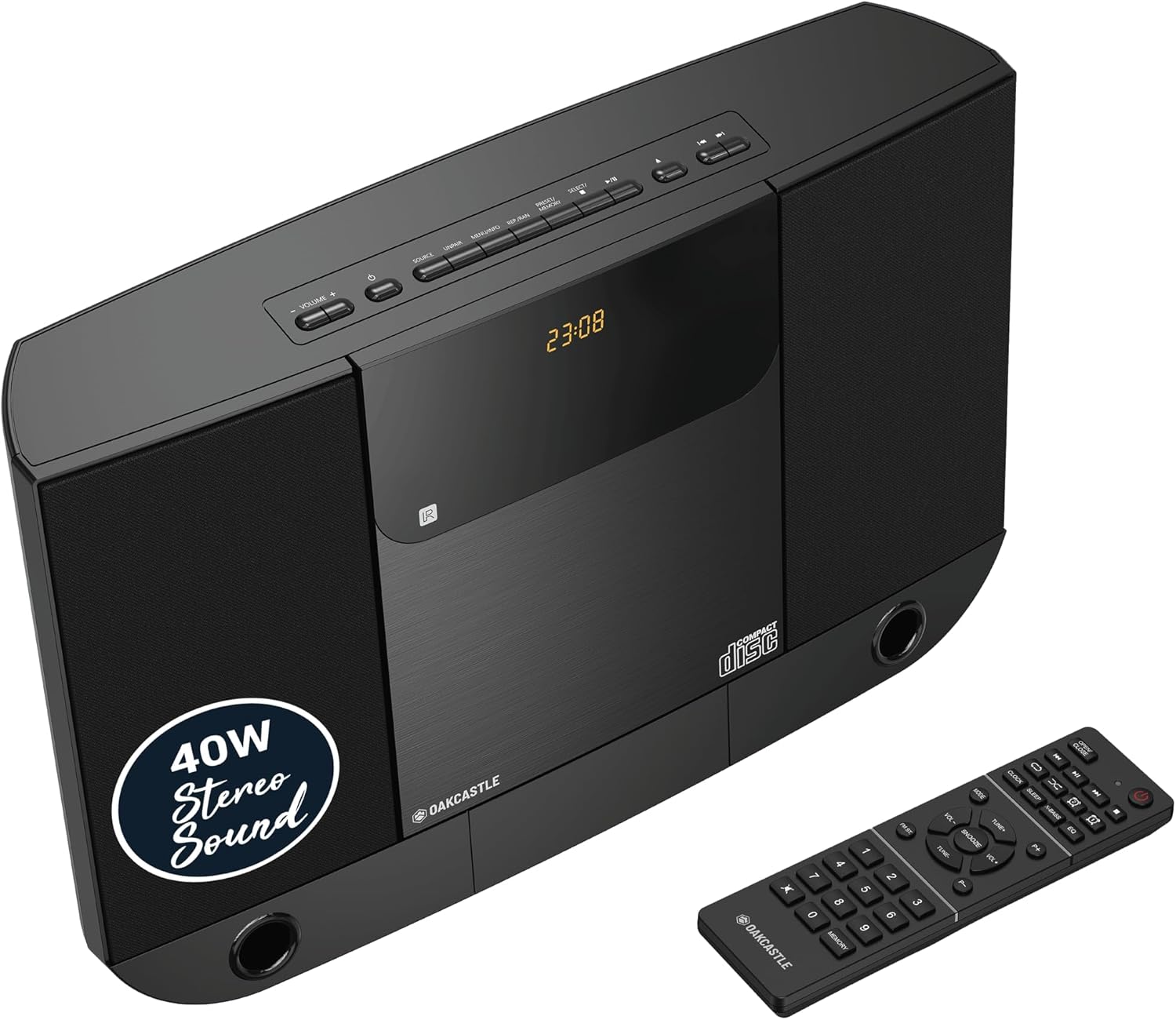 Compact Home Stereo System with Bluetooth, Wall Mountable CD Player for Home, FM Radio, Wireless, Remote Controlled, Speakers, 2.0 Loud Stereo Sound, AUX, 20 Presets | Oakcastle HIFI100