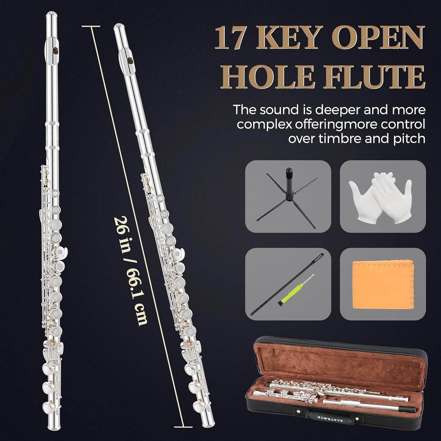 EASTROCK 17 Open Hole Flute with Offset G, Silver Plating 17 Key Flute for Professional with B Foot Joint, Split E Mechanism