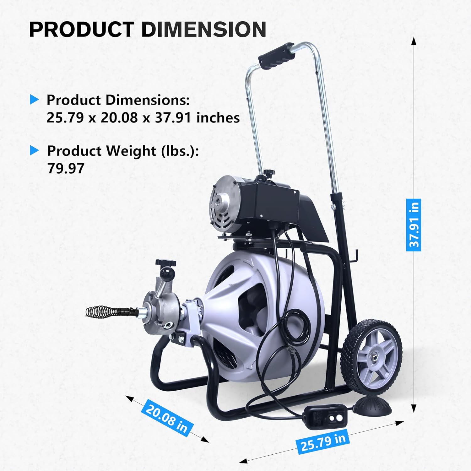 Drain Cleaner Machine 75FT x 1/2 Inch, Auto Feed Sewer Snake Drain Auger - Electric Drain Cleaning Machine Fits 1 Inch to 4 Inch Pipes, Portable Drain Auger Cleaner with 8 Cutters