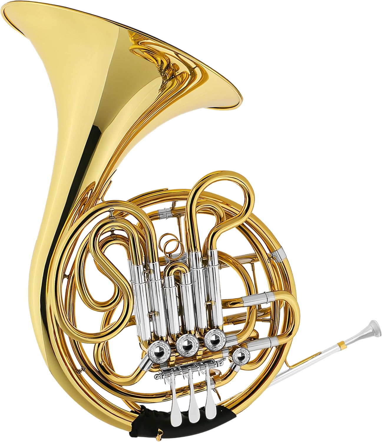 Double French horn F/Bb 4 keys, French horn lacquered gold, comes with case, mouthpiece, gloves, cleaning cloth, brush