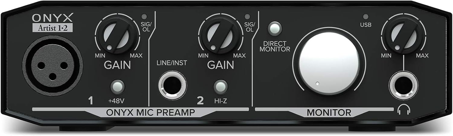 Mackie Onyx Artist 1.2 2x2 USB Audio Recording Studio Interface Bundle with Rockville RCM03 Pro Recording Condenser Mic, PRO-M50 Studio Headphones and DMS40 40