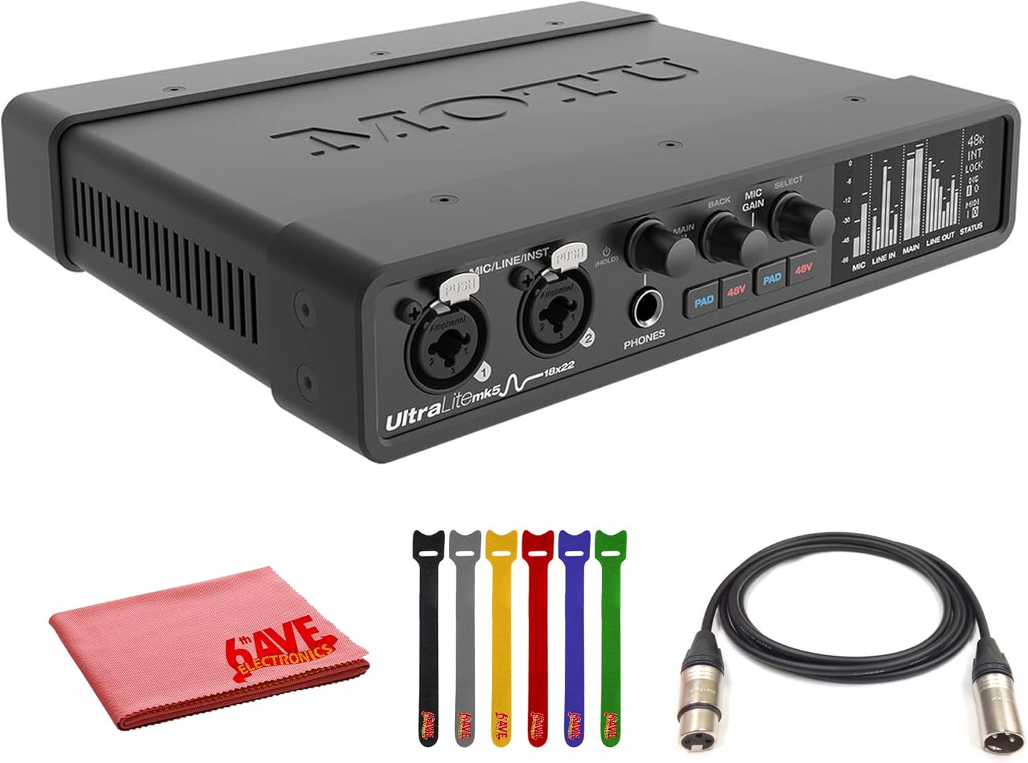 MOTU UltraLite-mk5 USB-C Audio/MIDI Interface (8453) Bundle with 10 Ft XLR Cable, Fiber Cloth, Cable Ties