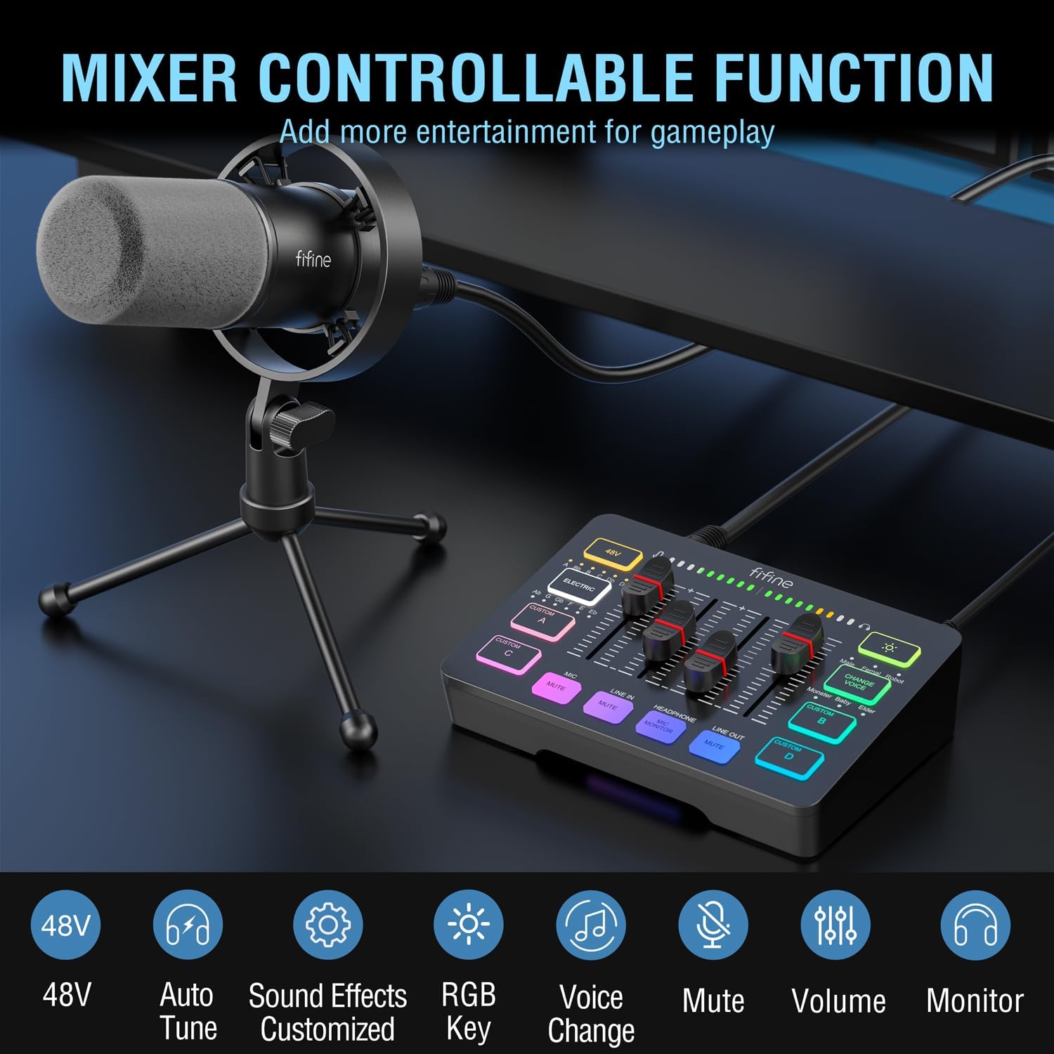 FIFINE Gaming Audio Mixer and XLR/USB Dynamic Microphone Bundle, Streaming 4-Channel RGB Mixer with XLR Microphone Interface,48V Phantom Power for Game, Voice, Podcast, Recording, YouTube (SC3+K688)