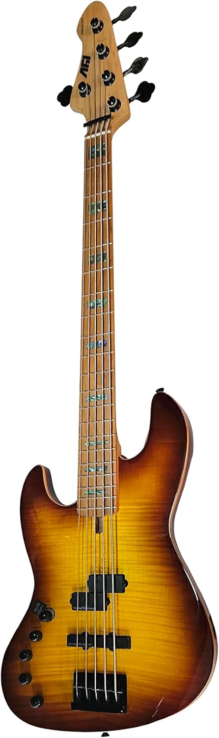 IYV-IPJB-500A LH, 5 String Solid Body with Flame Maple Electric Jazz Bass, Honey Burst, Left hand