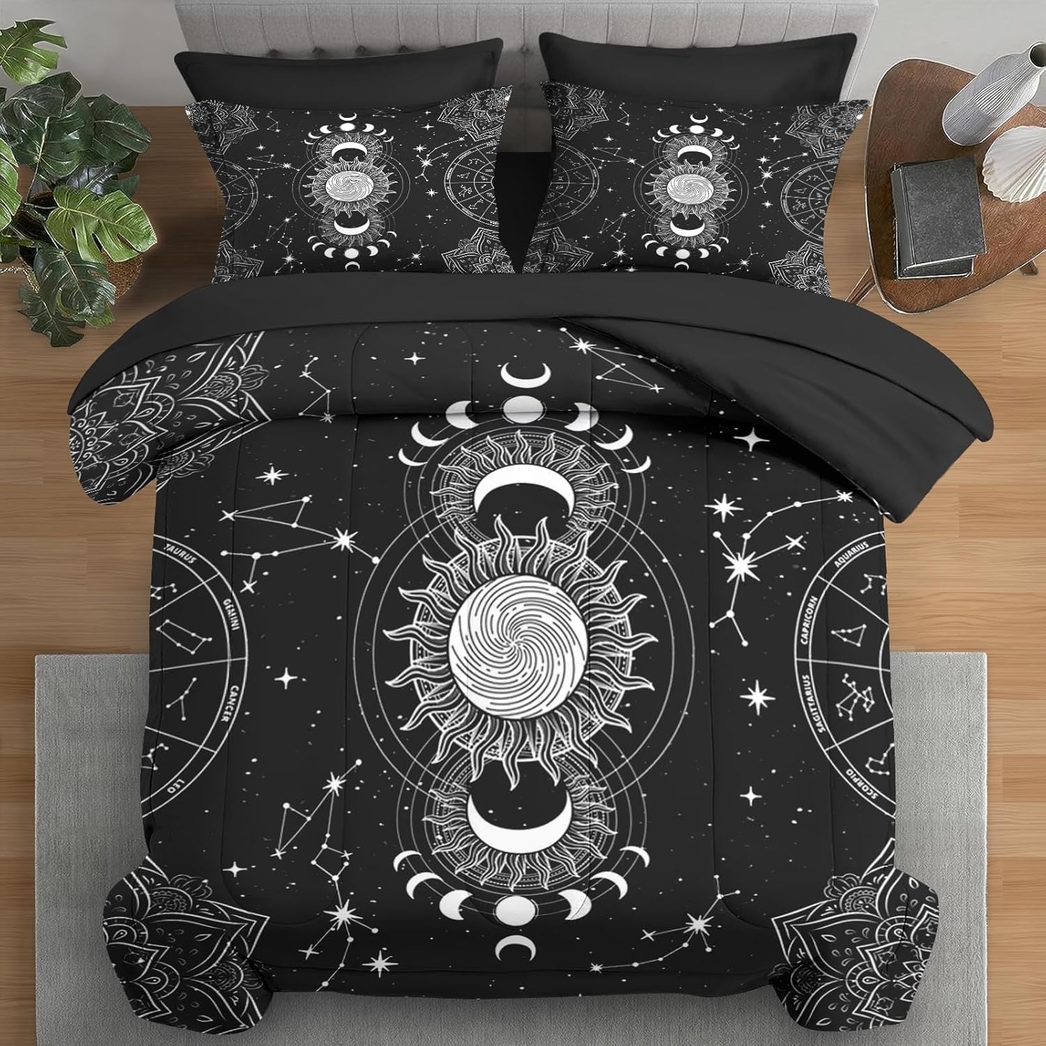 Comforter Set Queen Size, Sun Moon Tarot Vintage 7 Pcs Bedding for Kids and Adults, Boho Bohemian Retro Bed Sheet Sets with Fitted Sheet 2 Pillowcases & 2 Shams for Bedroom Bed Decor