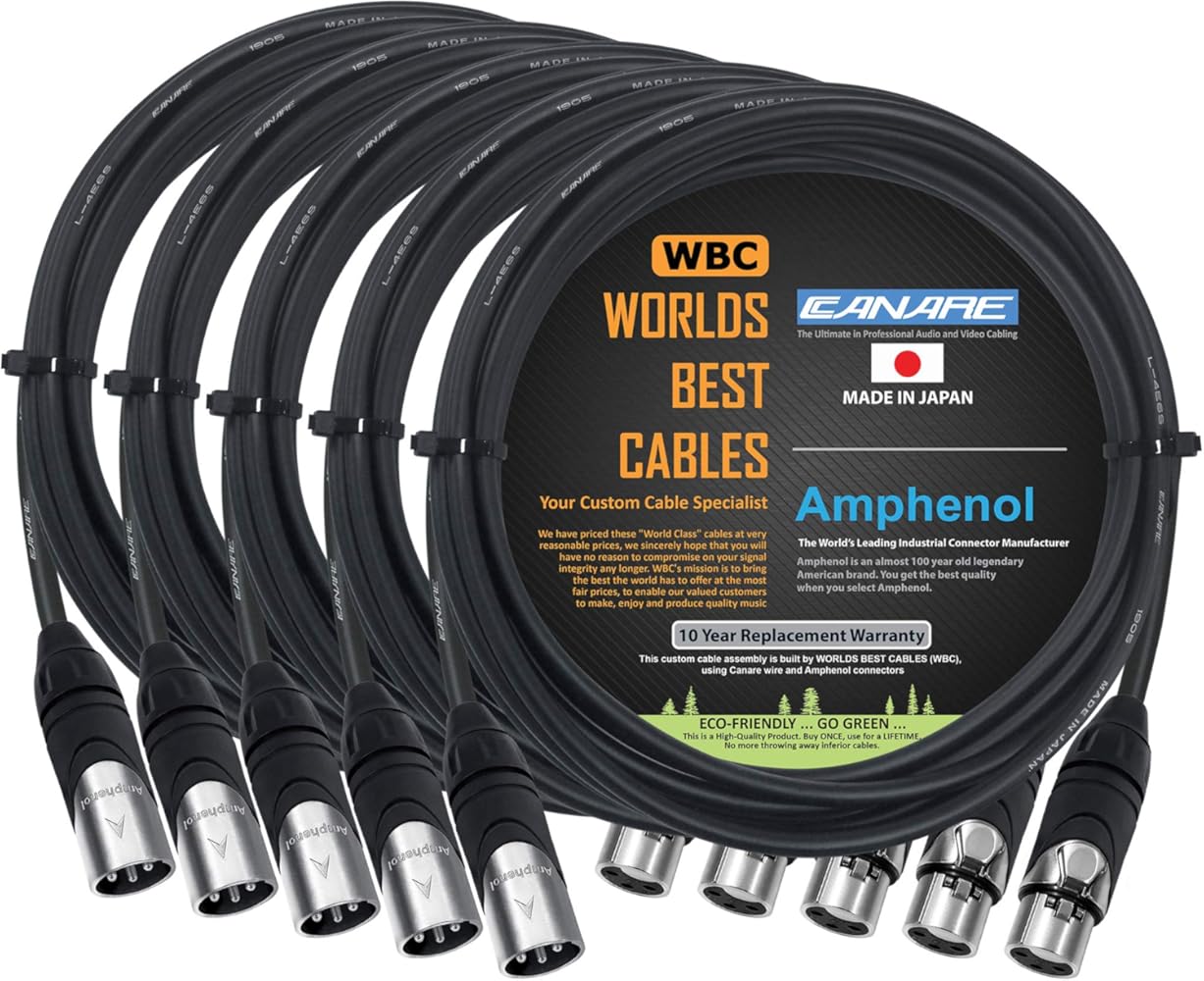 5 Units - 12 Foot - Canare L-4E6S, Star Quad Balanced Male To Female Microphone Cables With Amphenol AX3M & AX3F Silver XLR Connectors - CUSTOM MADE By WORLDS BEST CABLES