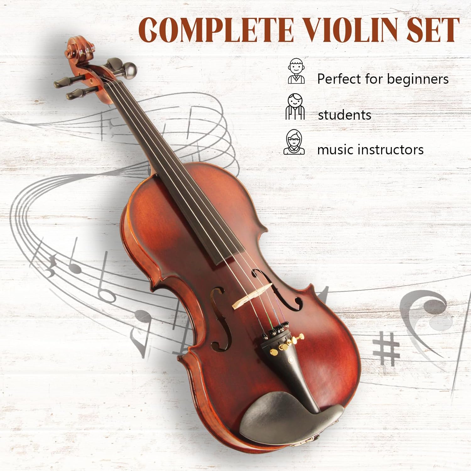Violin for Beginners, Acoustic Full Size 4/4 Violin Fiddle Starter Kit, Stringed Musical Instrument w/Case, 2 Violin Bows, 2 Bridges, Strings, Rosin, Cleaning Cloth