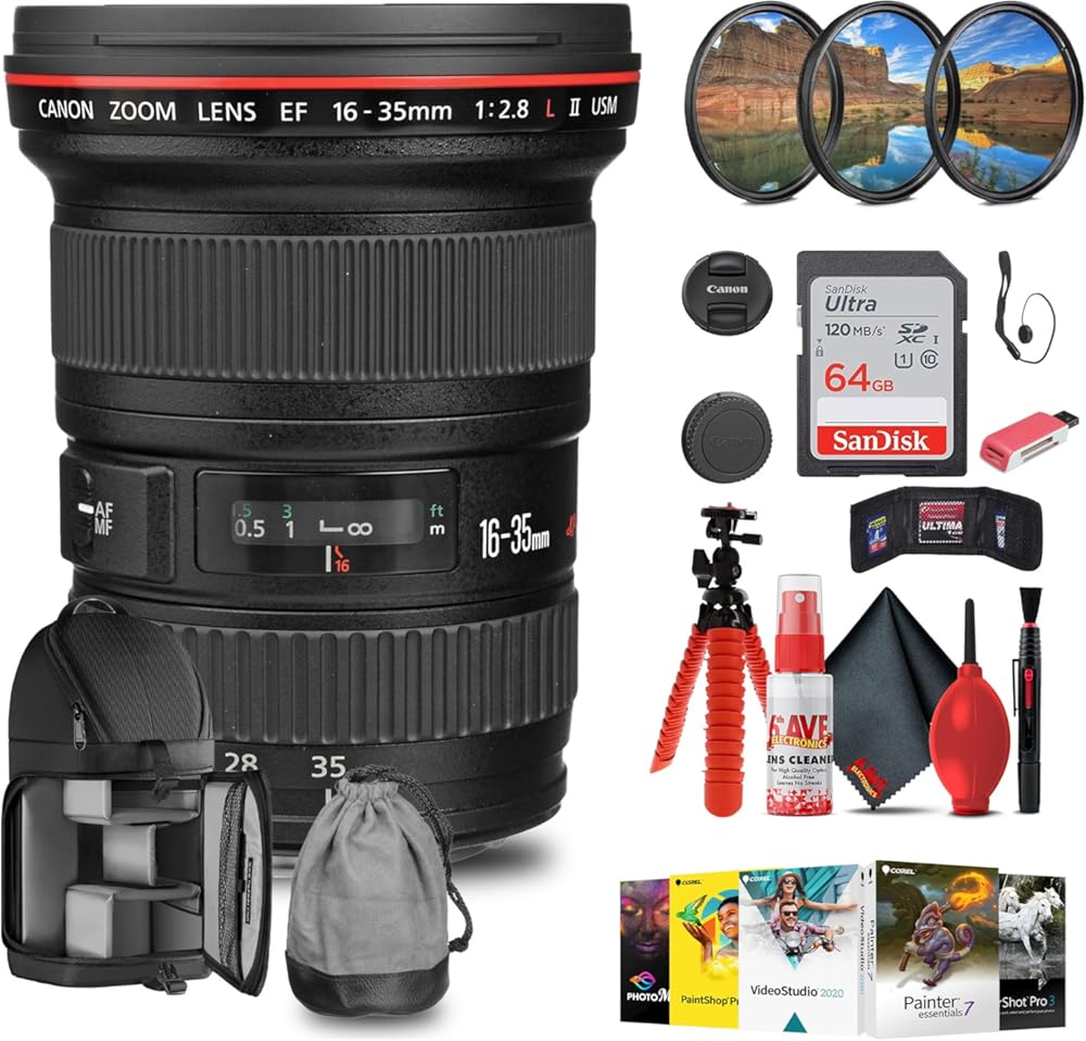 Canon EF 16-35mm f/2.8L II USM Lens with 64GB Extreme Pro Card + Corel Photo Software + Flexible Tripod + Filter kit + Card Wallet + Backpack + Cleaning Kit + Card Reader + Cap Keeper (Renewed)
