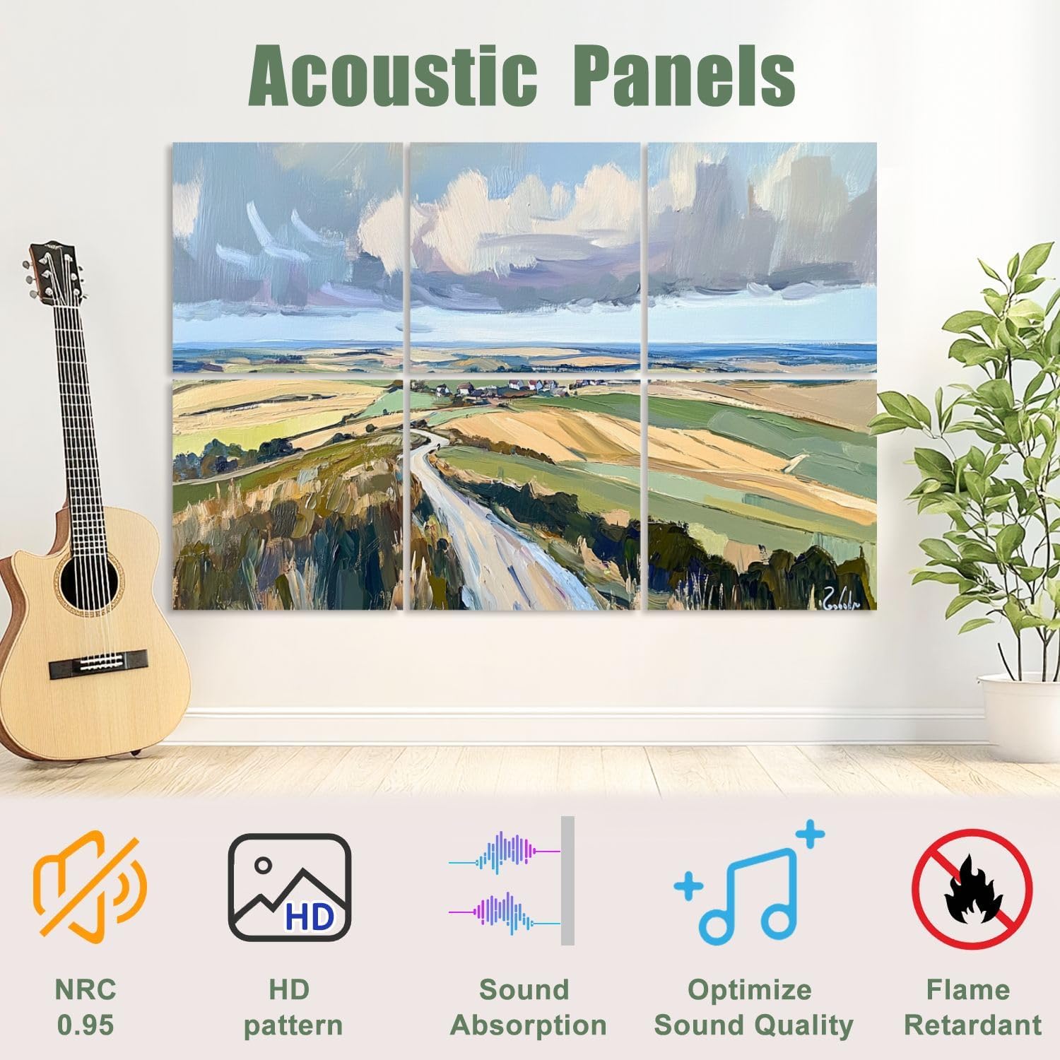 6 Pack Art Acoustic Panels Sound Absorbing Vintage Rural Landscape Nature Scenery Abstract Wilderness Rustic Home Decorative Soundproof Wall Panels Self Adhesive for Recording Studios Office 72