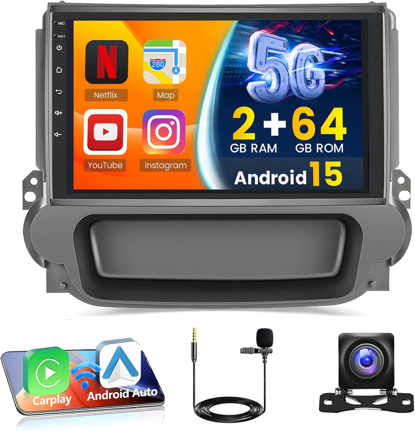 [2+64G] Hikity Android 15 Car Stereo for Chevrolet Chevy Malibu Radio 2011-2014 with Wireless Carplay Android Auto, 9 Inch Touch Screen GPS Bluetooth WiFi FM RDS EQ Mirror Link Backup Camera Mic