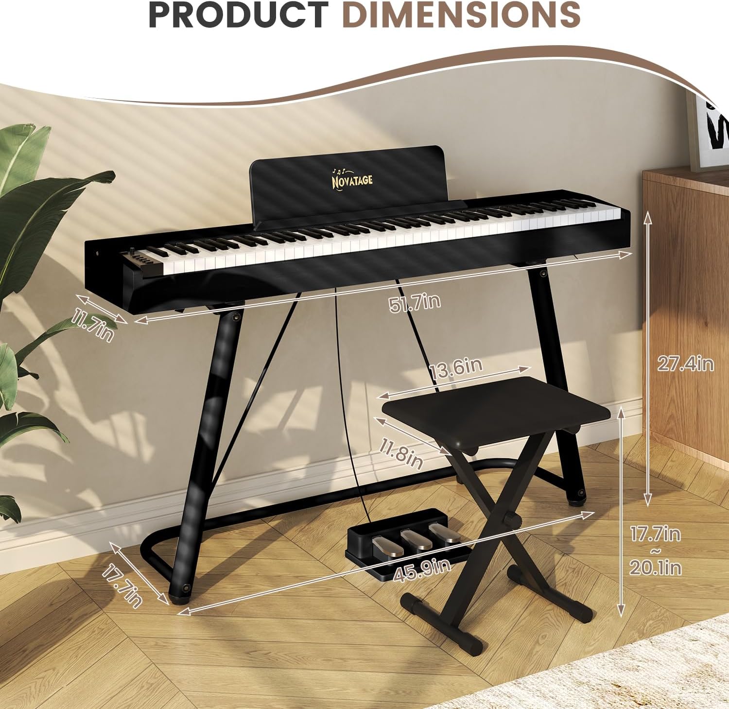 88 Key Full-Weighted Digital Piano, Full Size Electric Piano for Beginners, with U-Stand, 3 Pedal Unit, Adjustable Stool, Headphone, MIDI Functionality (Black)