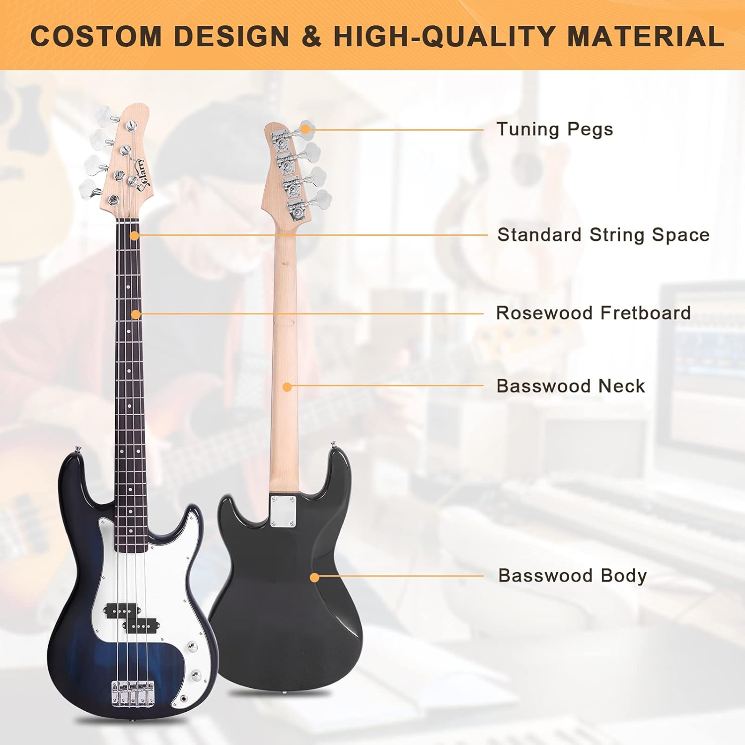 GLARRY Full Size Electric Bass Guitar Beginner Kit 4 String Exquisite Basswood Bass with 20W AMP, Cable, Strap, Bag and Accessories (Dark Blue, 39