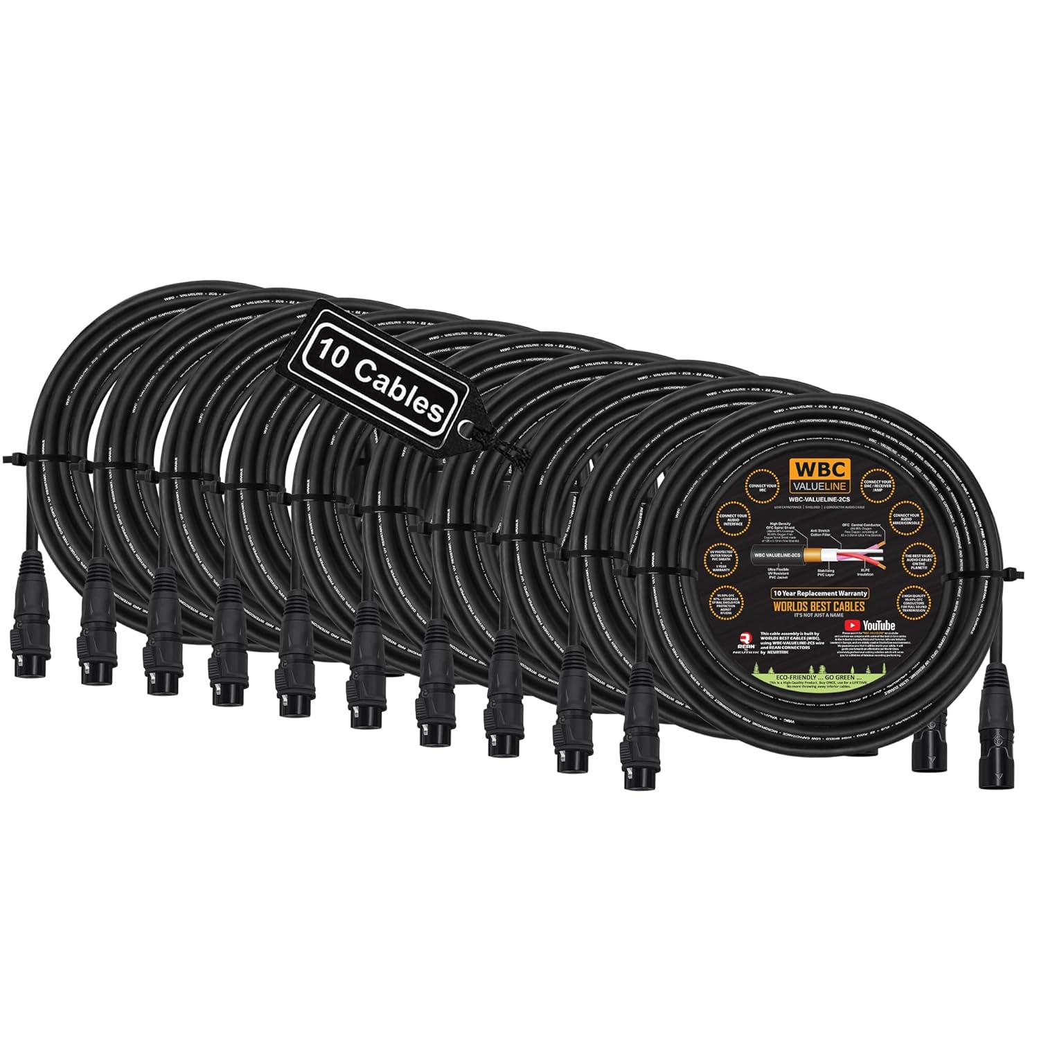 WBC-VALUELINE-2CS (22 AWG) - 10 Units - 20 Foot–Low-Capacitance Shielded Balanced Flexible Microphone, Active-Speaker & Interconnect Cables with Neutrik-Rean IP65 Rated Gold XLR Connectors