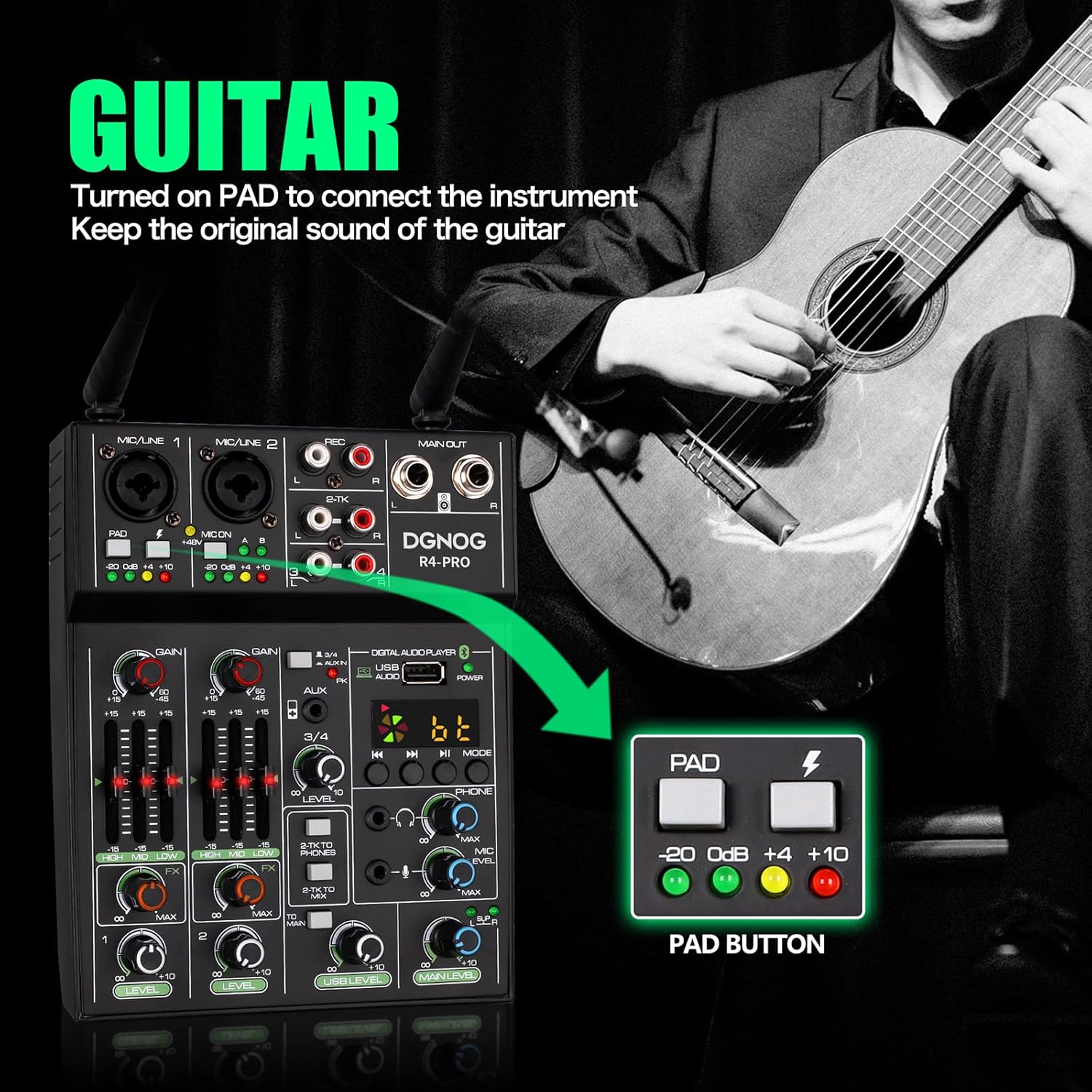 Professional Audio Mixer, 4 Channel Sound Mixer With Dual Wireless Mic, Sound Board Console MP3 Bluetooth 48V Phantom Power USB Interface DJ Mixing for Home Karaoke Party Computer Studio Recording