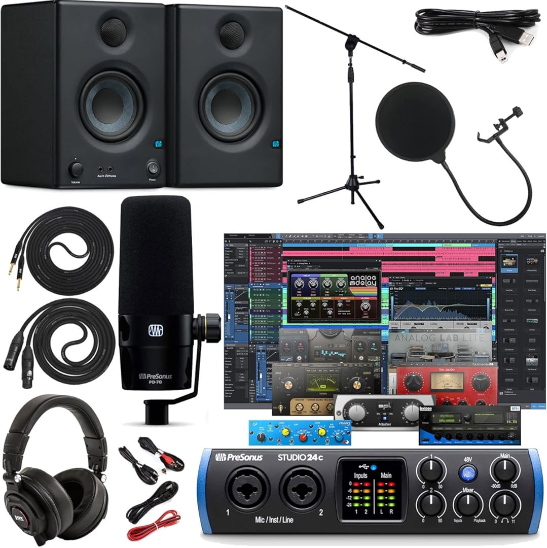 PreSonus Studio 24c 2x2 USB Type-C Audio/MIDI Interface with Studio One Artist Software Pack w/Eris 3.5 Pair Studio Monitors and PreSonus PD-70 Vocal Dynamic Microphone with XLR Cable