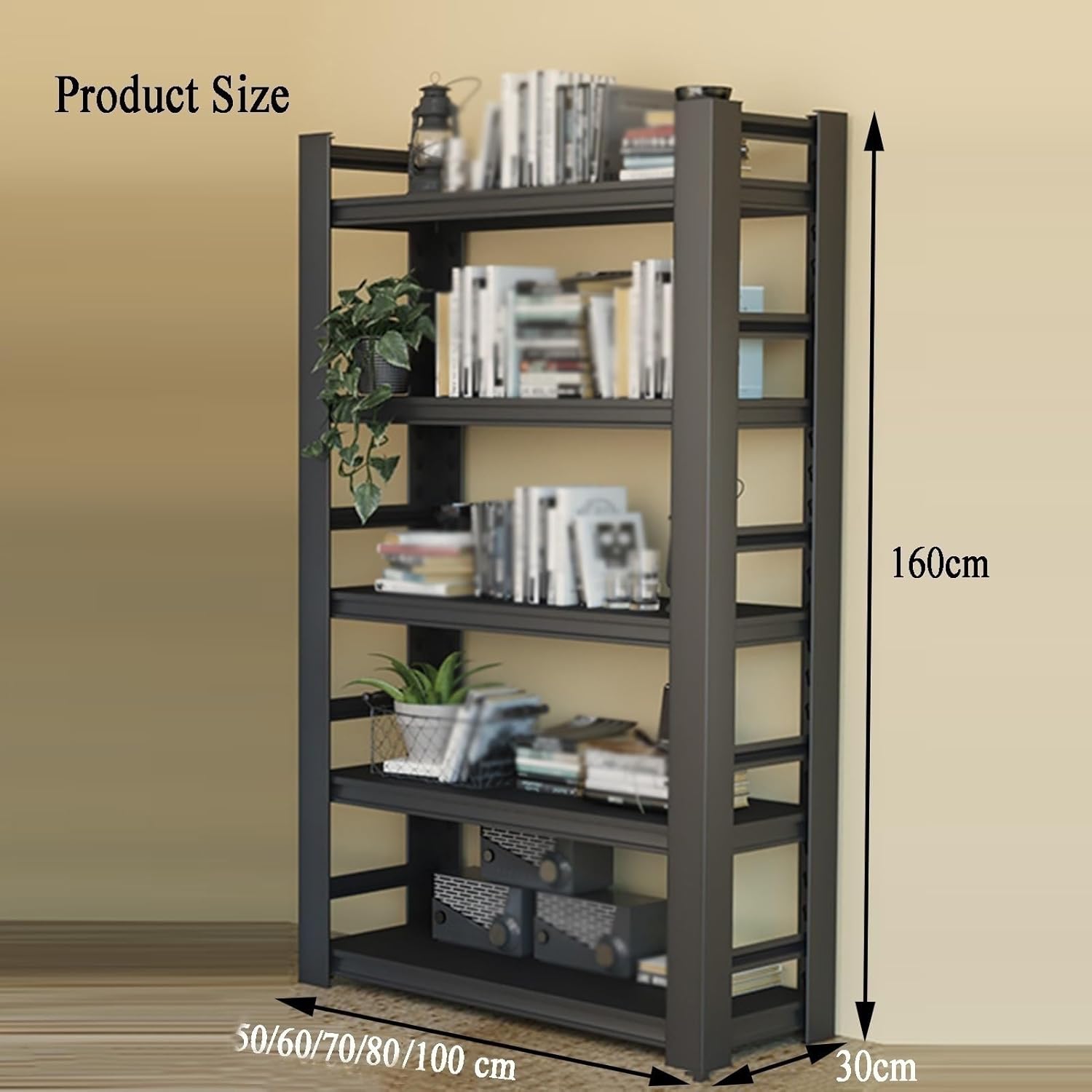 5 Cube Bookshelf, 5 Layer Display Bookcase Storage Rack,Simple Bookshelf with Wheels, Suitable for Living Room,Children's Room,Reading Corner(Black,70X30X160cm) (Black 50X30X160cm)