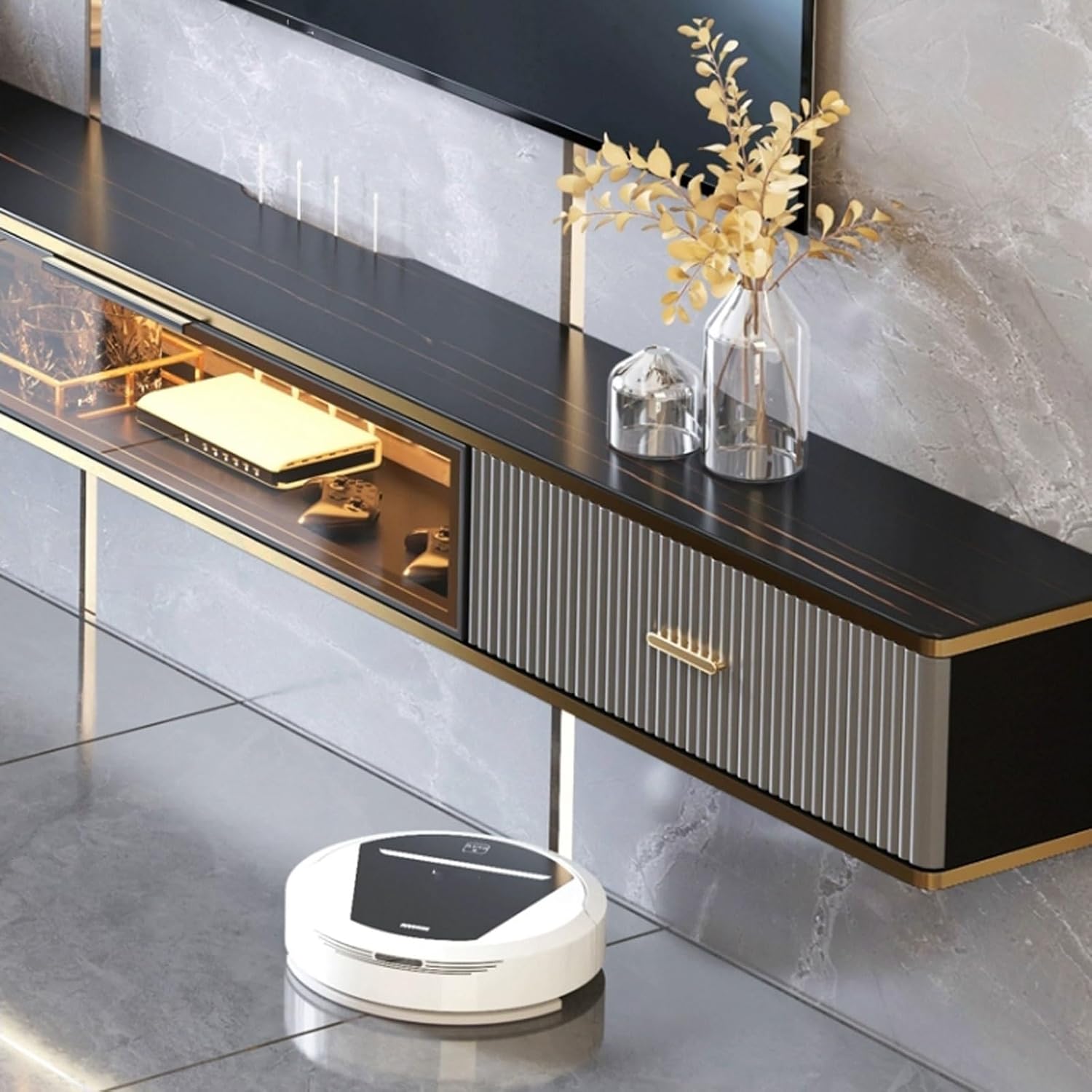 Console Floating TV Shelf for Under Wood Stand with Slate Tabletop Wall Mount Media Console with Storage Large Capacity Storage(Small)