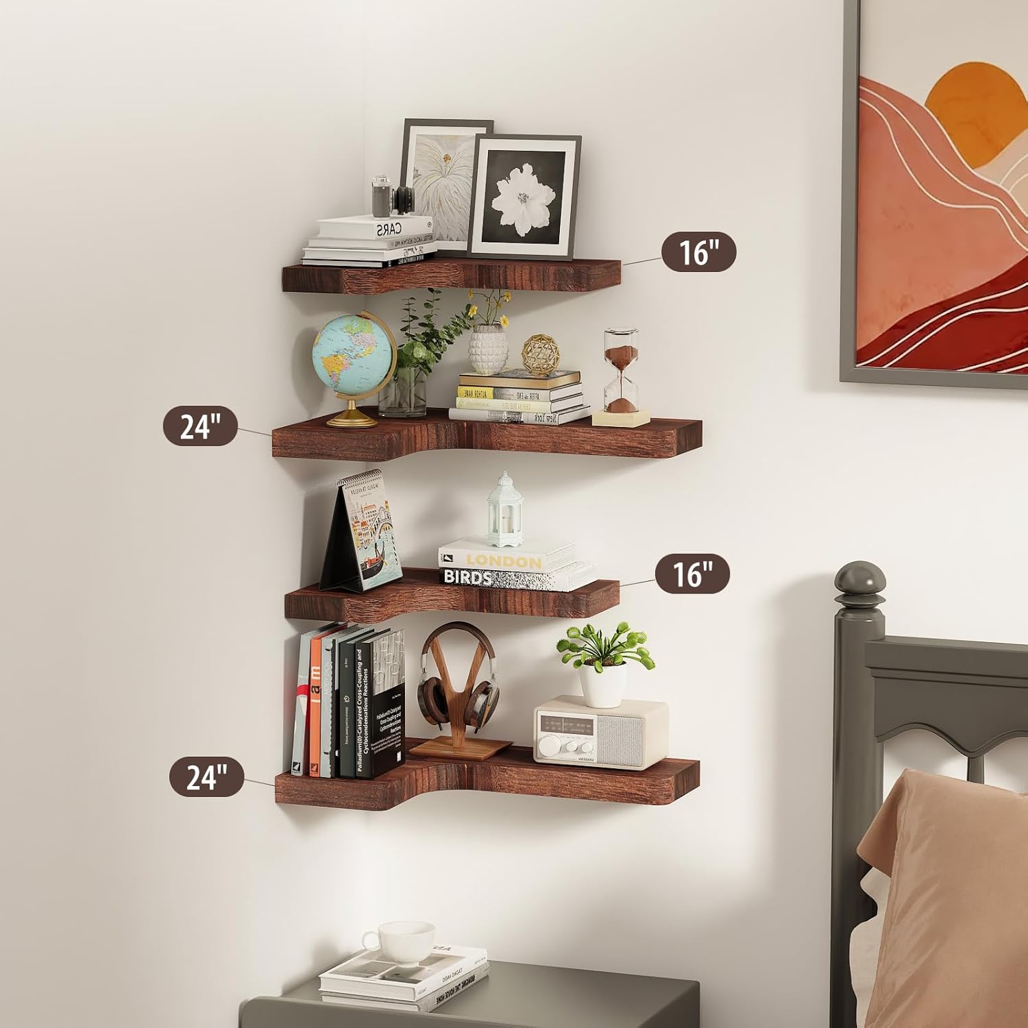 SAUMONIERES Corner Floating Shelves 24 Inch Wall Mount Shelf Solid Wood for Bedroom Bathroom Kitchen Storage Set of 2, Rustic Brown