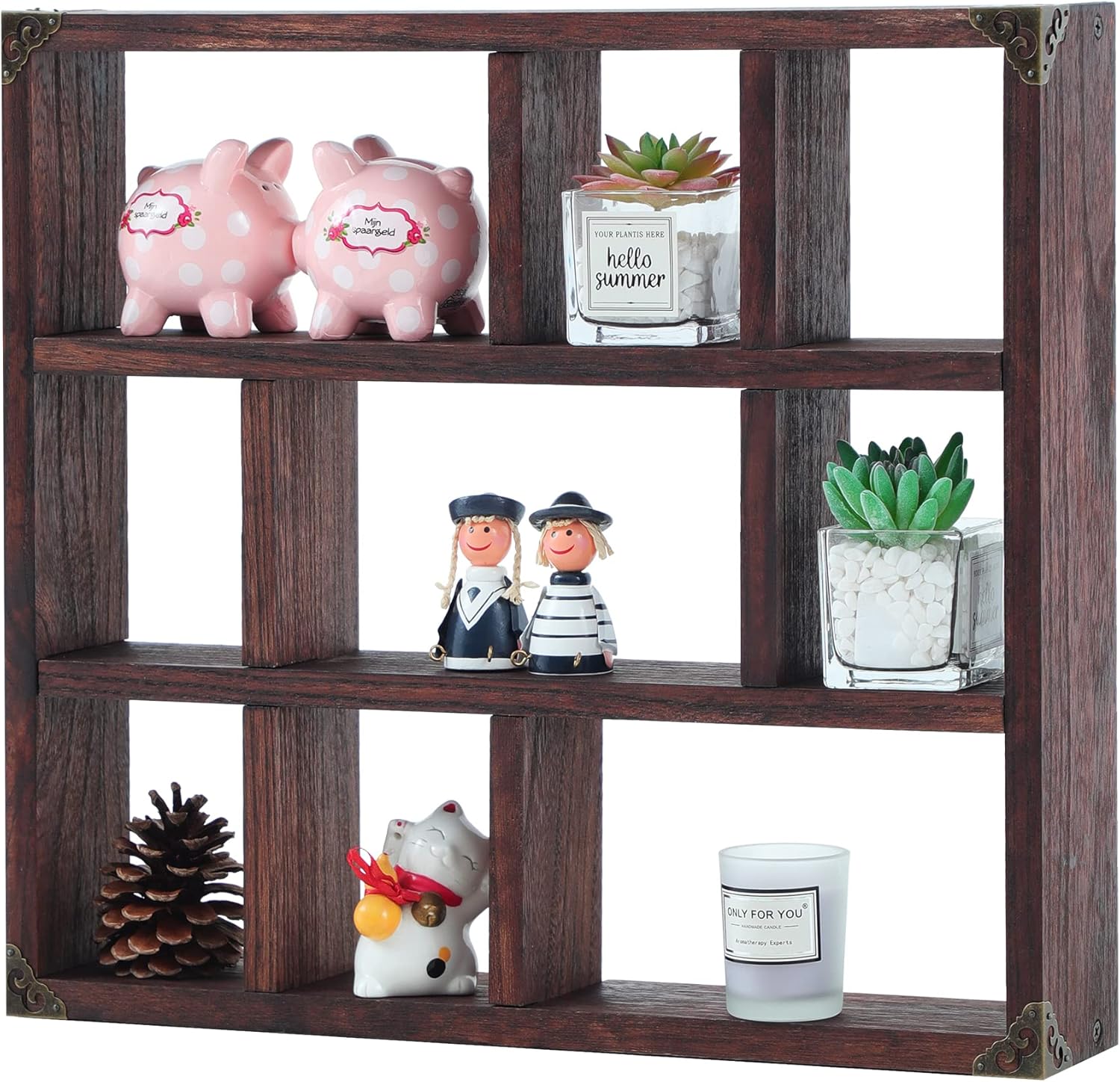 FIRMINANA Rustic Shadow Box Shelf,17.7x15.7-Inch Wall-Mounted (Vertical or Horizontal),9-Slot Rustic Wood Floating Shelves,Lightweight Solid Wood Display Shelf for Shot Glass (Walnut)
