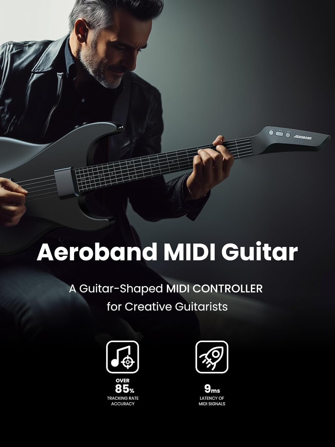 AEROBAND Black Full-Size Guitar-Shaped MIDI Controller, MIDI Guitar, Music Creation (With Bag)