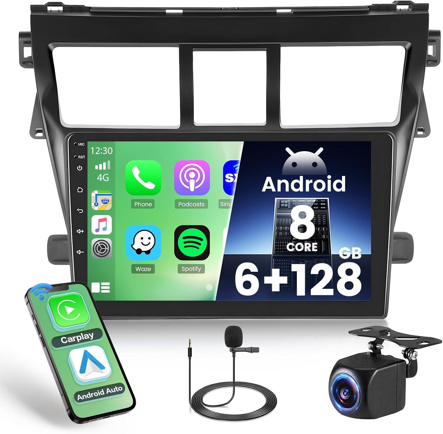 [8-Core 6+128GB] Hikity for 2007-2014 Toyota Vios Yaris Android Radio with Wireless Carplay, 9'' Touch Screen Car Stereo with Android Auto/32EQ DSP/Bluetooth 5.0/GPS/WiFi/SWC, Backup Camera, Mic