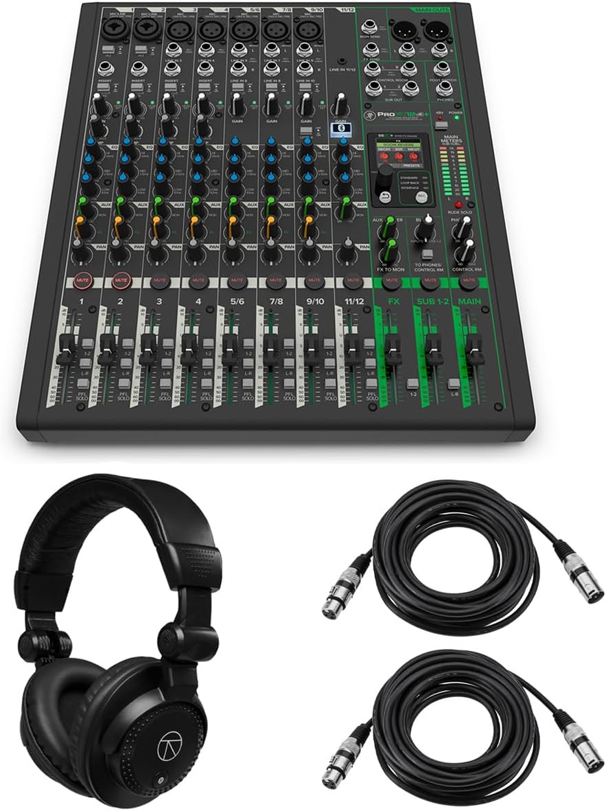 Mackie ProFX12v3+ 12-Channel Bluetooth Analog Mixer with Enhanced FX, Bundle with TAPH100 Headphones and 2x 25' 3-Pin XLR Microphone Cable
