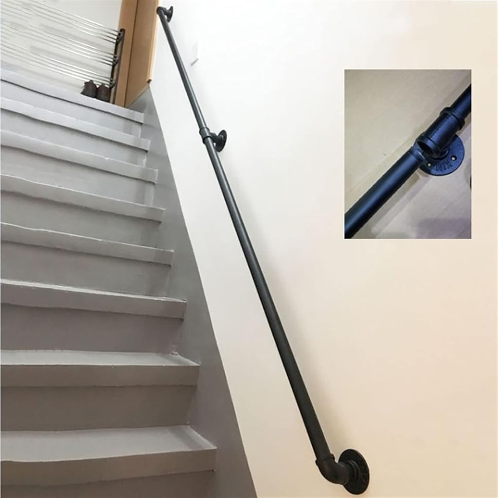 Industrial Pipe Handrail Kit 1ft-20ft, Metal Staircase Handrail Iron Pipe Baluster Stair Hand Railing for Indoor & Outdoor Wall Mount Support, Stairs Porch Deck Hand Rail, Round Corner (Size : 12ft/3