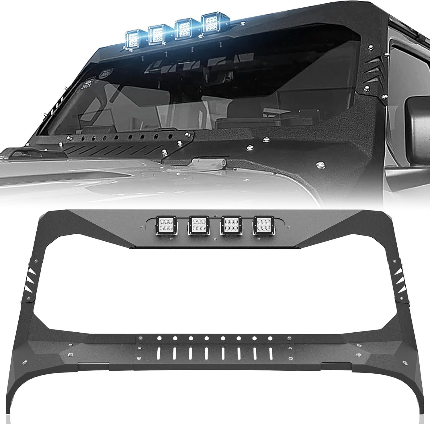 for JT JL Front Windshield Frame Cover Roof Sun Visor Cowl Body Armor with 4 x LED Lights Insert Compatible with 2018-2025 Jeep Gladiator JT & Wrangler JL JLU (Excluding JT Mojave & JL 4xe)