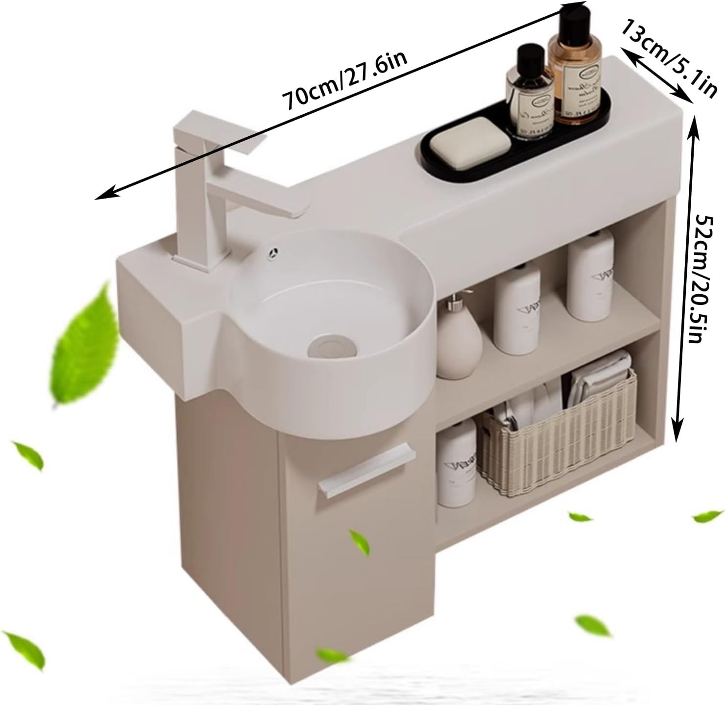 Corner Wall Mount Bathroom Sink Bathroom Cabinet With Faucet and Drain Corner bathroom Sink With Open Shelf Storage Cabinet For Small Space corner Bathrooms Vanity(Left,70*52*13cm/27.6*20.5*5.1in)
