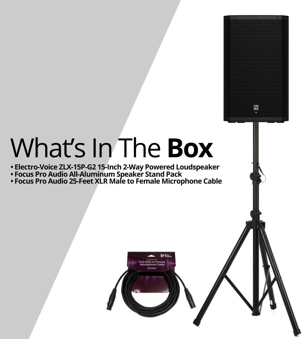 Electro-Voice ZLX-15P-G2 15-Inch 2-Way Powered Loudspeaker with Bluetooth Bundle with Focus Pro Audio All-Aluminum Speaker Stand Pack and Focus Pro Audio XLR Male to Female Microphone Cable (3 Items)