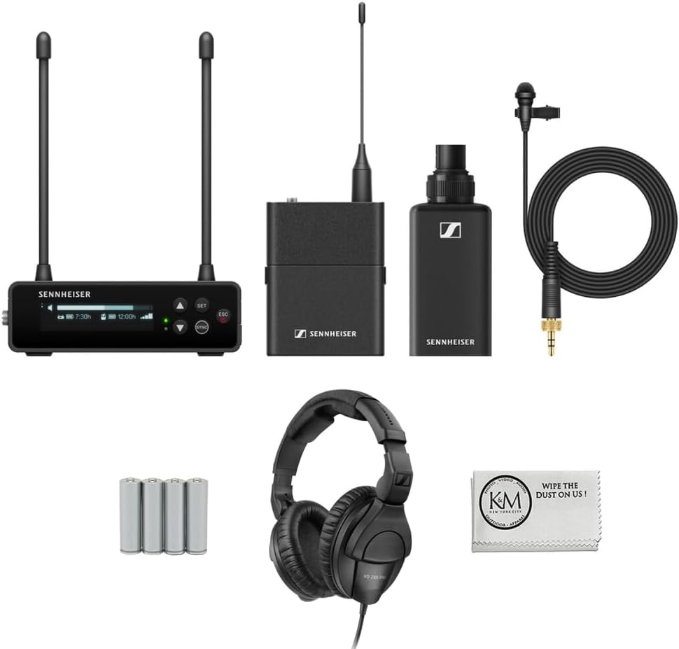 Sennheiser EW-DP ENG SET Camera-Mount Digital Wireless Combo Microphone System | Q1-6: 470 to 526 MHz Bundled with Headphones + 4 x AA Batteries + Cleaning Cloth (4 Items