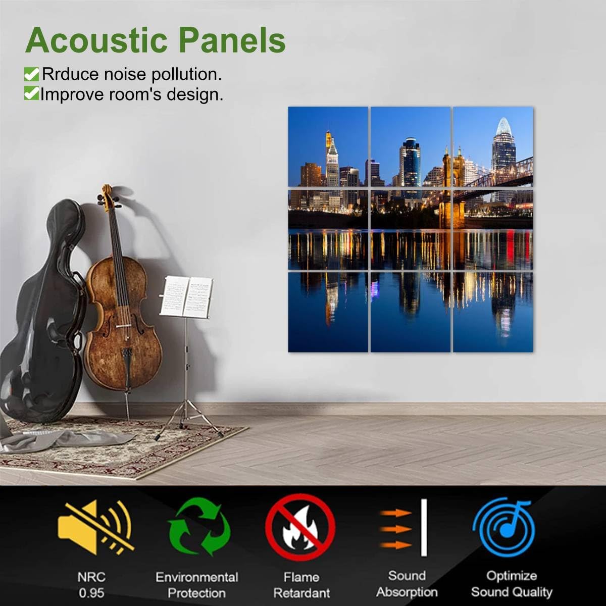 Art Acoustic Panels Cincinnati skyline 9 Packs Decorative Soundproof Wall Panels Large Sound Absorbing Padding for Studio Home Office 60