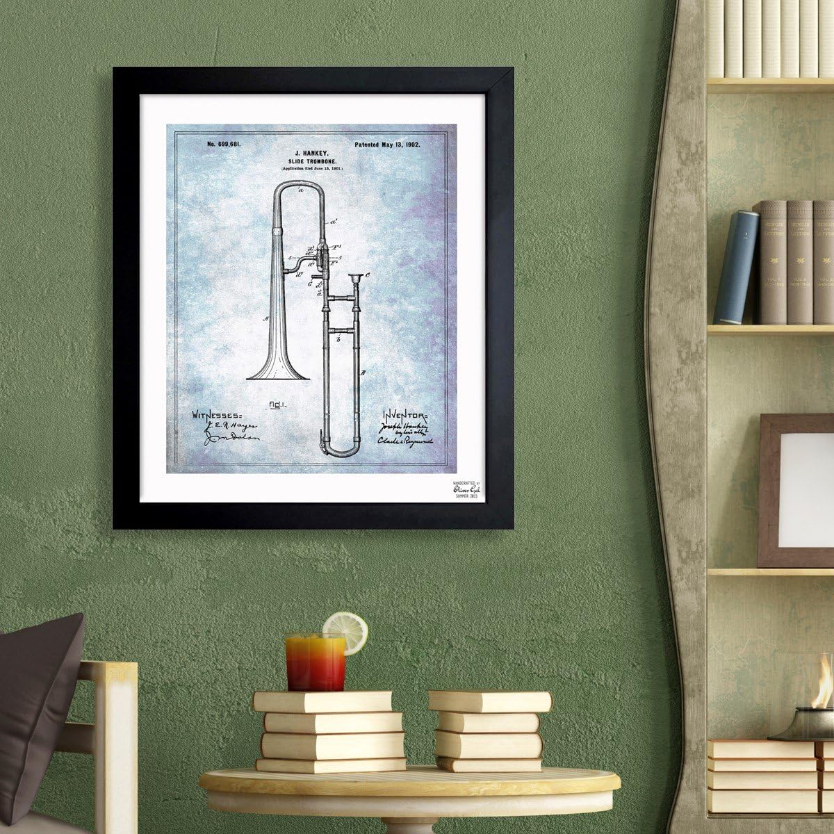 Oliver Gal Trombone Musical Instrument 1902 - Blue Framed Art, 26