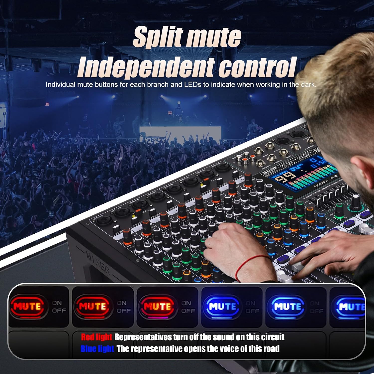 GF12 Multifunction 12 Channel Audio Mixer Stage Performance Mixer Isolated Independent Mute Built-in 7 Level Equalizer and 99 Reverb DJ Mixer for Stage Performance/Karaoke/DJ Music