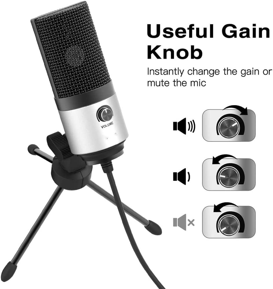 Metal Computer Microphone USB Kit with Volume Knob, Suitable for Video Recording and Dubbing Microphone